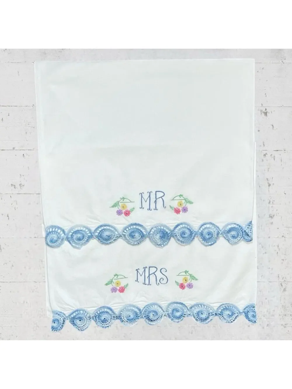 King Size Hand Embroidered Crochet Mr & Mrs Pillowcases Cottagecore